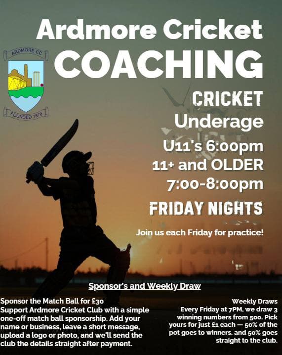 Ardmore Cricket coaching poster with Friday night session times